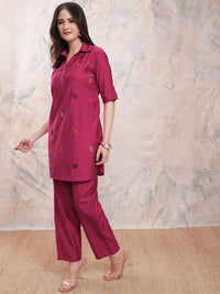 Vishudh Women Embroidered Shirt Collar Three-Quarter Sleeves Top With Trouser