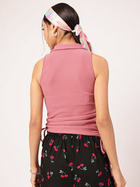 DressBerry Soft-Girl Aesthetic Tie-Up Ruched Shirt-Style Ribbed Top