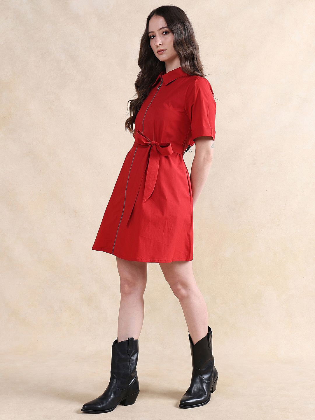 RAREISM Women Fit & Flare Mini Solid Cotton Dress