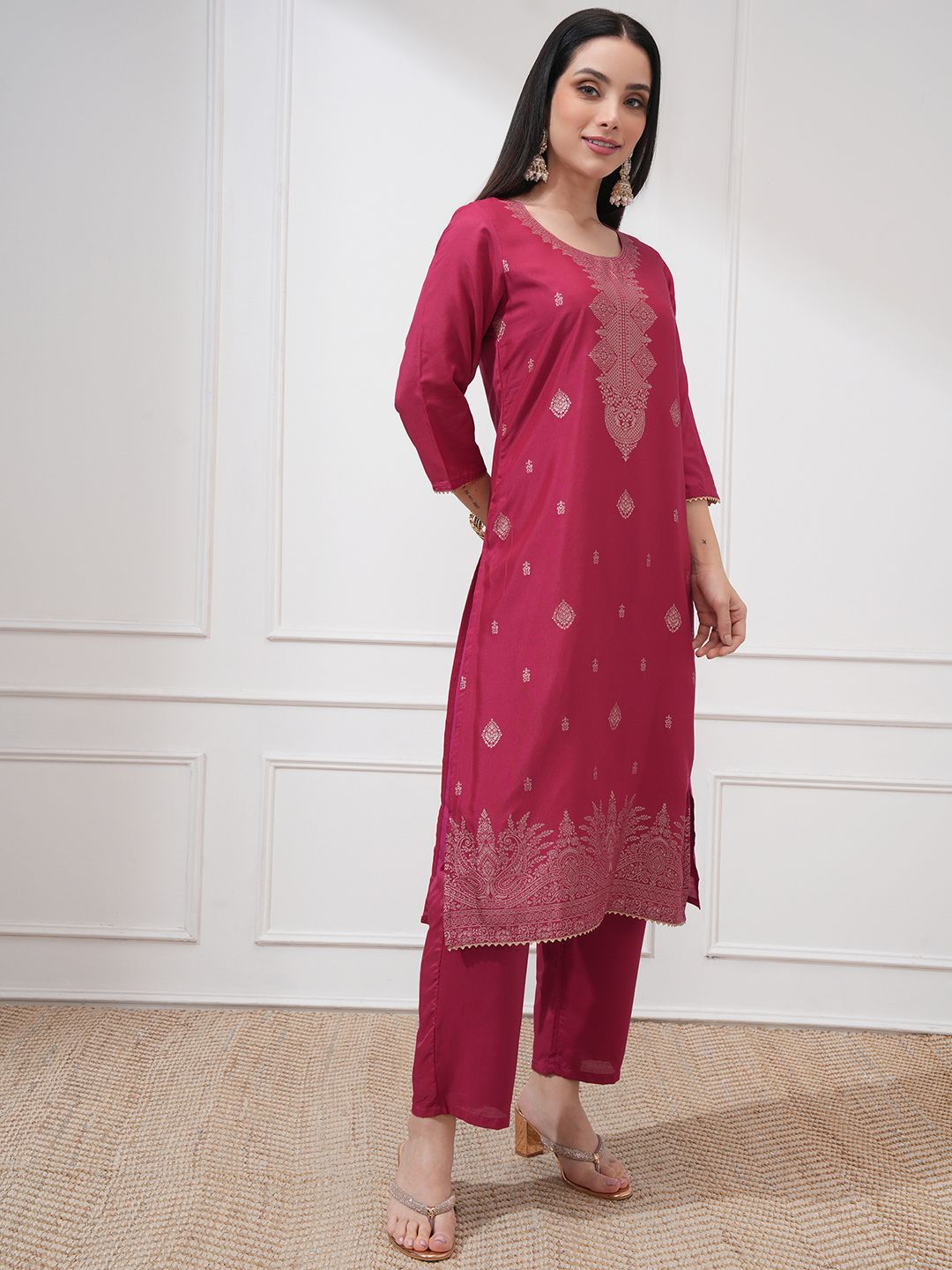 Vishudh Ethnic Woven Design Jacquard Straight Kurta With Trouser And Dupatta