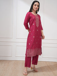 Vishudh Ethnic Woven Design Jacquard Straight Kurta With Trouser And Dupatta