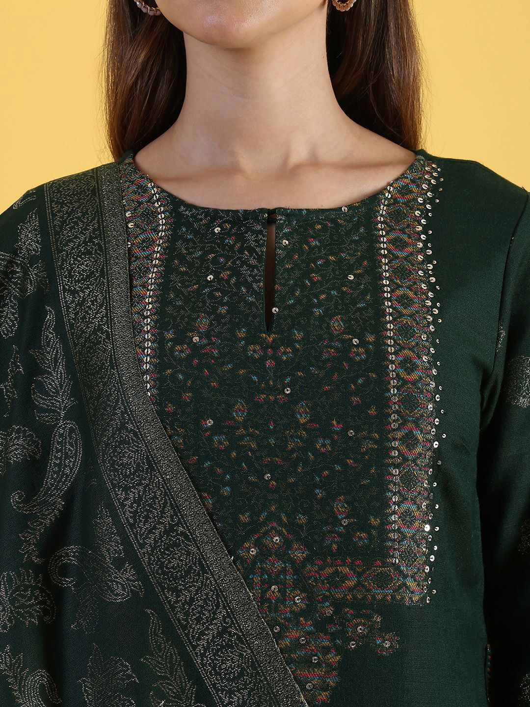 W Green Floral Embroidered Round Neck Straight Kurta With Trousers And Dupatta