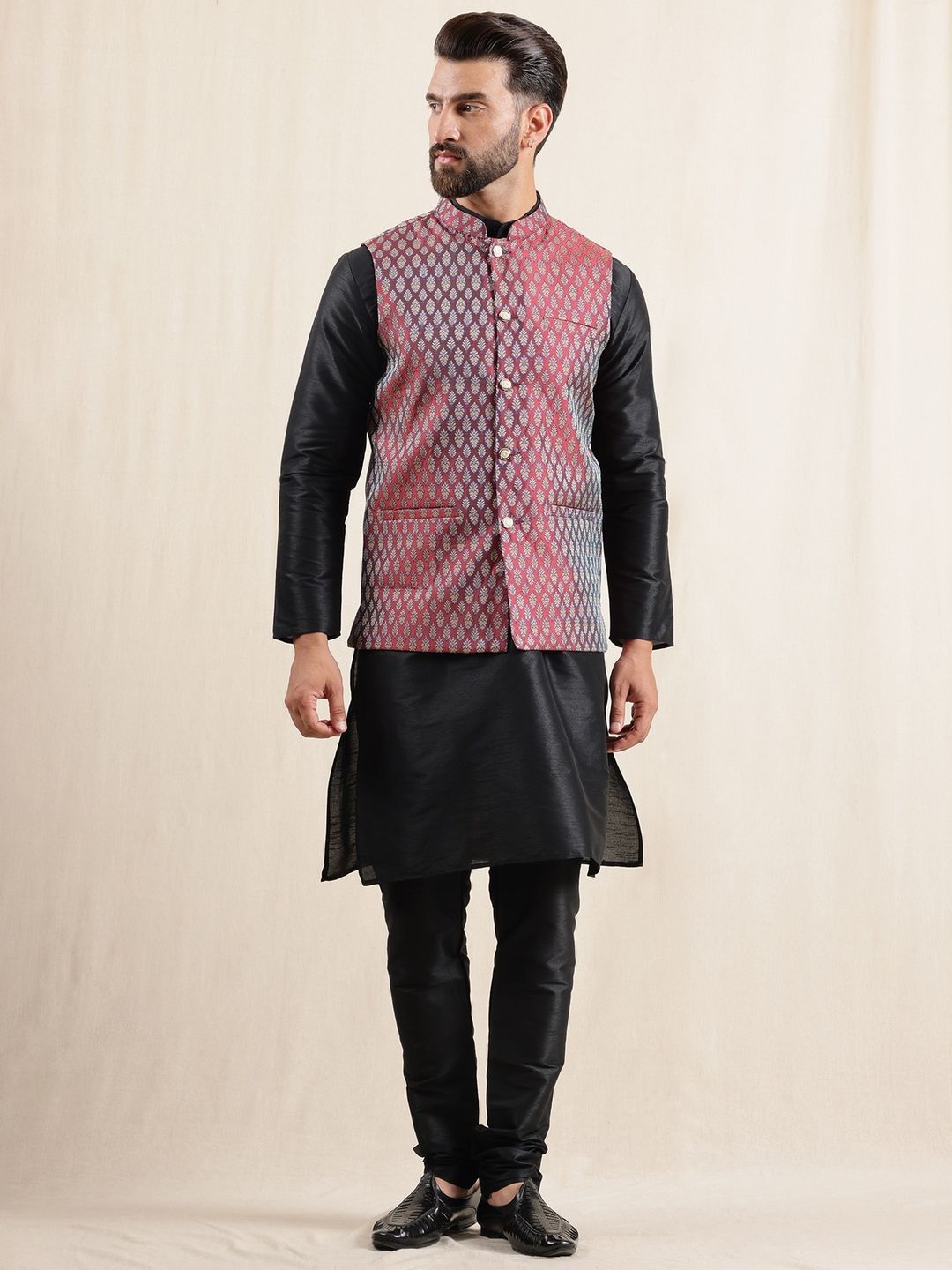 Anouk Men Mandarin Collar Kurta with Pyjamas With Woven Maroon Nehru Jacket