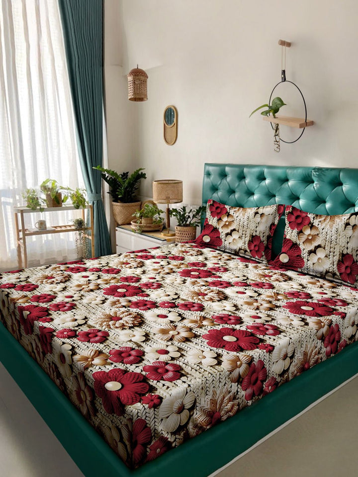 KLOTTHE Beige Floral Printed 300TC King 7D Bedsheet With 2 Pillow Covers-2.50mx2.25m