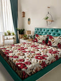 KLOTTHE Beige Floral Printed 300TC King 7D Bedsheet With 2 Pillow Covers-2.50mx2.25m
