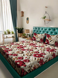 KLOTTHE Beige Floral Printed 300TC King 7D Bedsheet With 2 Pillow Covers-2.50mx2.25m