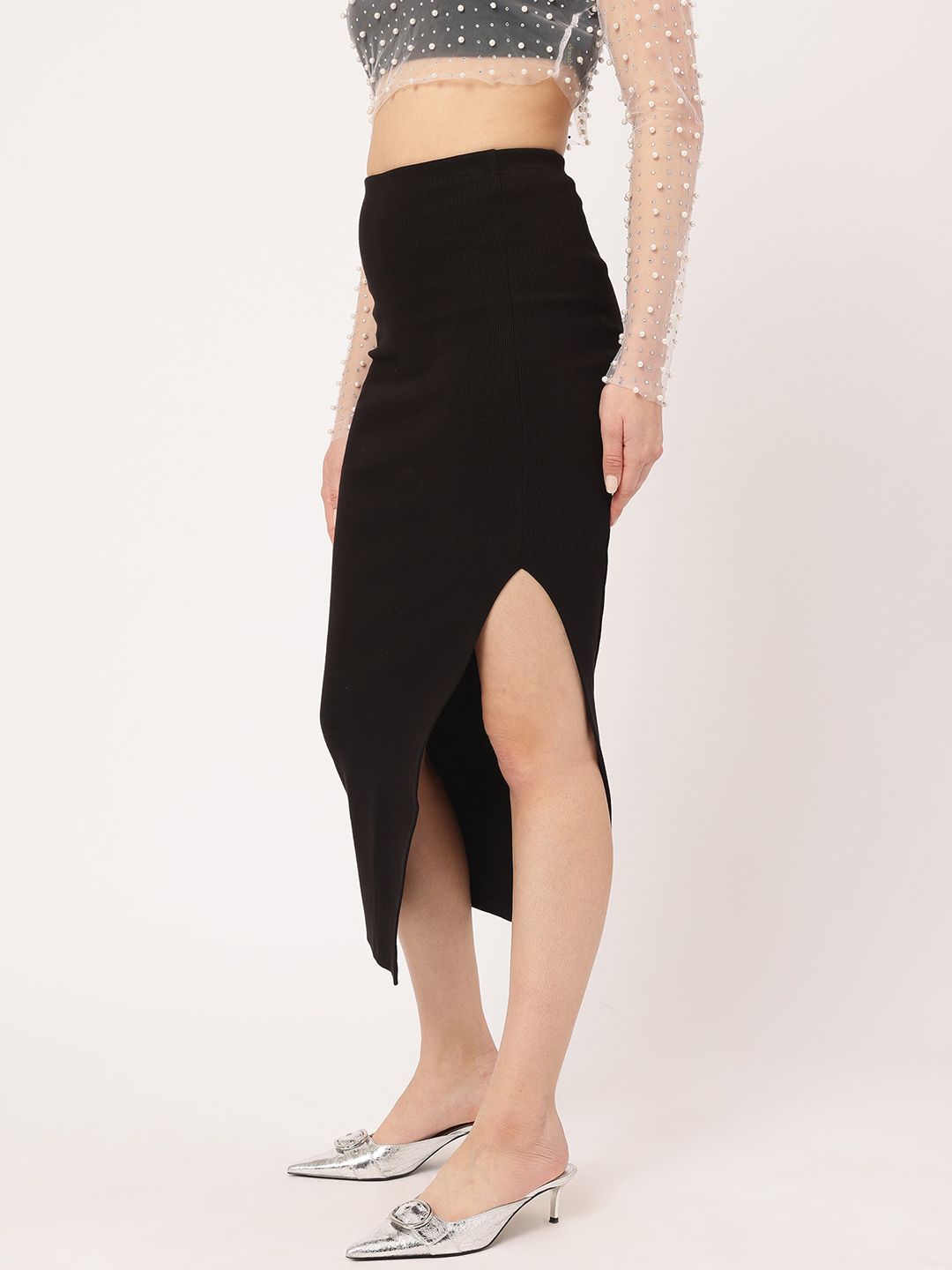 DressBerry Minimalist Marvel Ribbed Midi Skirt with Slit