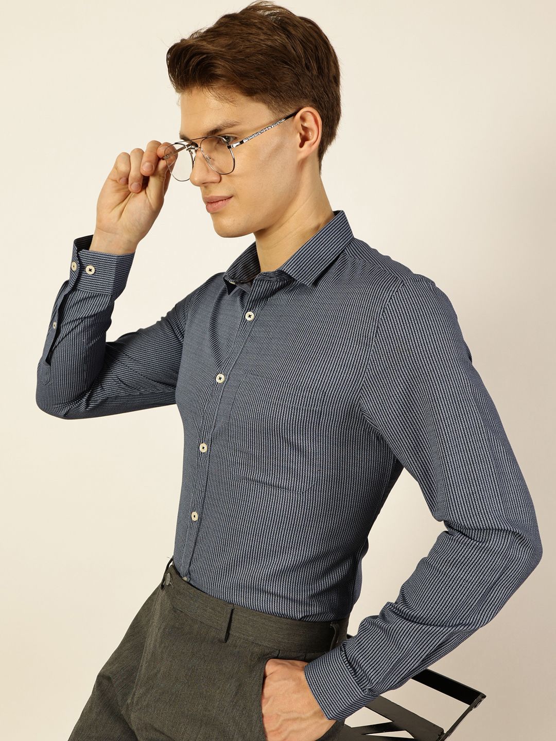 Thomas Scott Men Smart Spread Collar Pinstripes Striped Cotton Formal Shirt