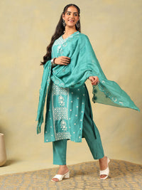 Mamicha Women Ethnic Motifs Embroidered Regular Thread Work Pure Cotton Kurta with Trousers & With Dupatta