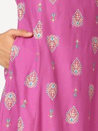 W Purple Ethnic Motifs Printed Thread Work V-Neck Straight Kurta
