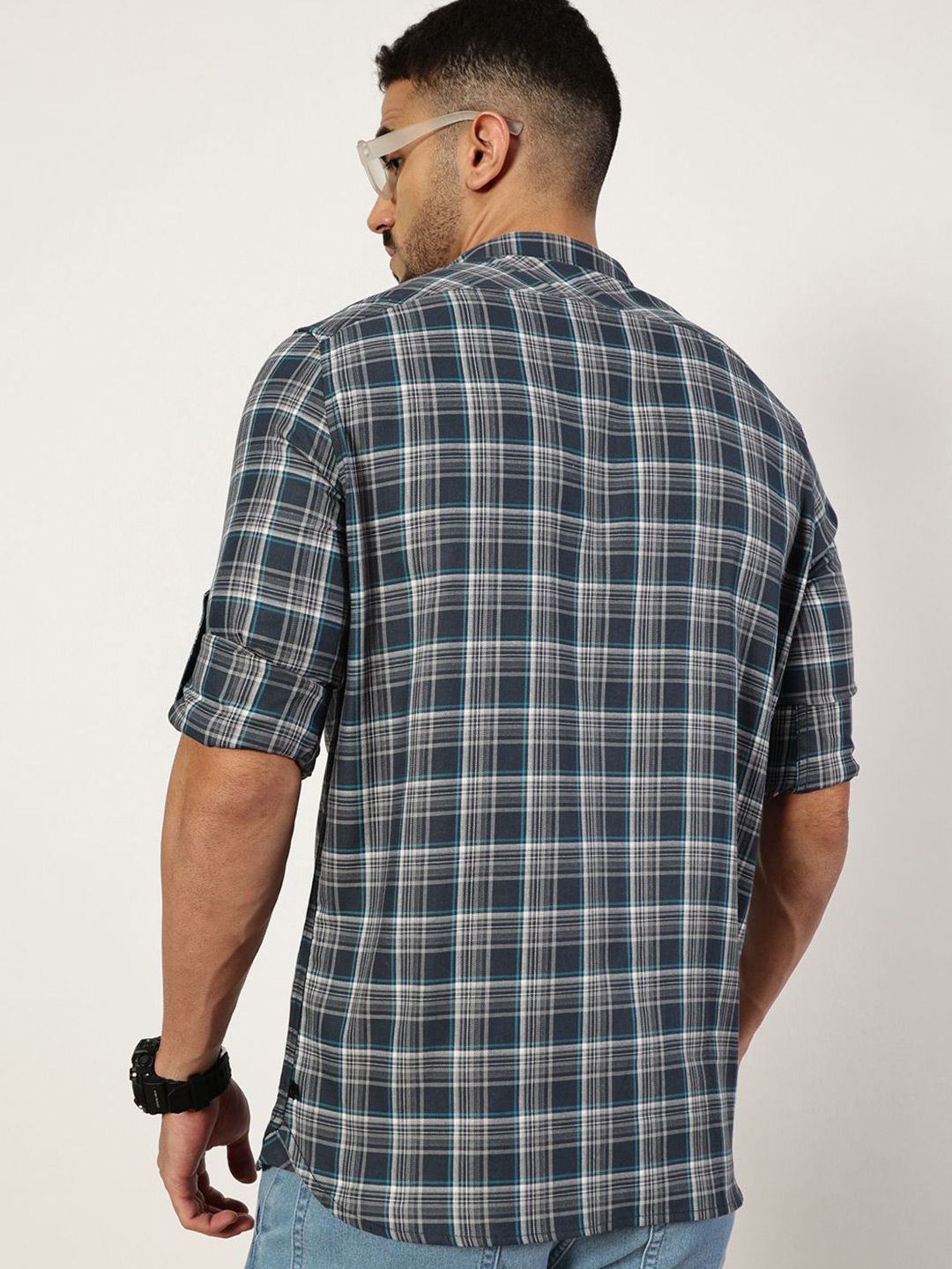 Thomas Scott Men Premium Spread Collar Checked Cotton Slim Fit Casual Shirt