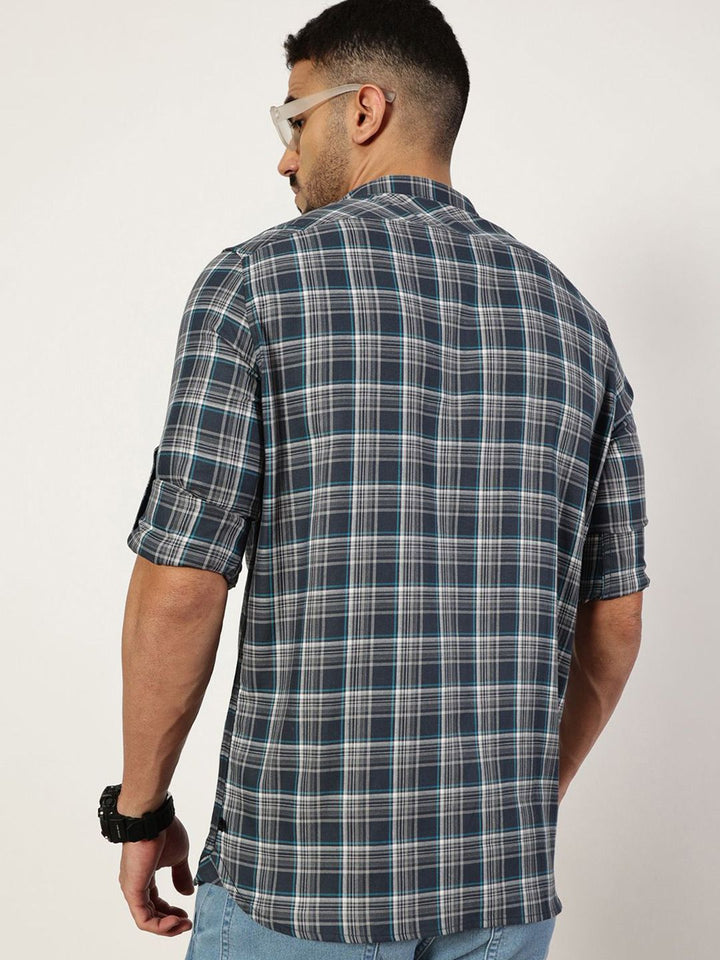Thomas Scott Men Premium Spread Collar Checked Cotton Slim Fit Casual Shirt