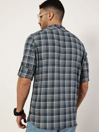 Thomas Scott Men Premium Spread Collar Checked Cotton Slim Fit Casual Shirt