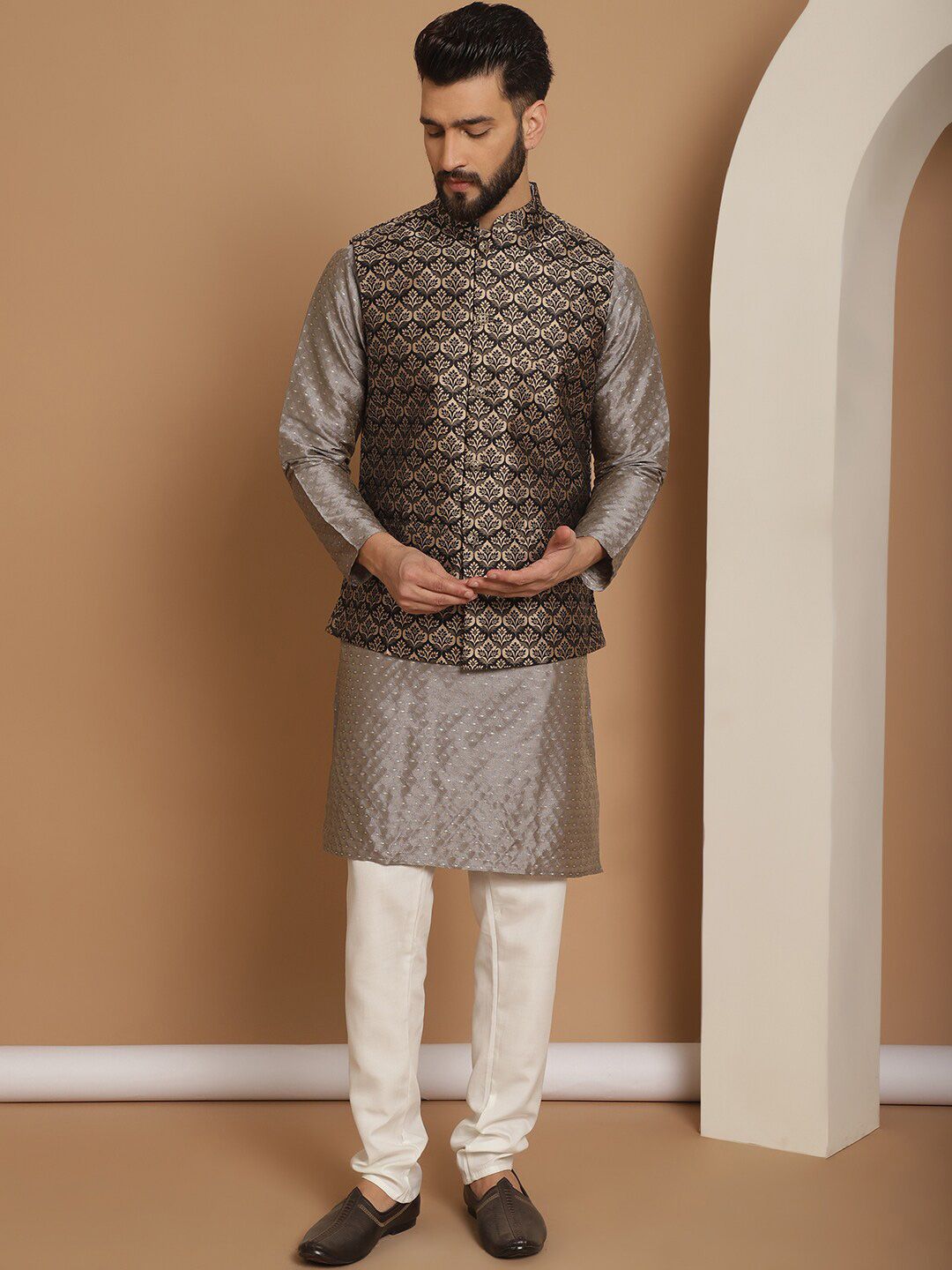 Anouk Woven Design Regular Kurta With Churidar & Nehru jacket