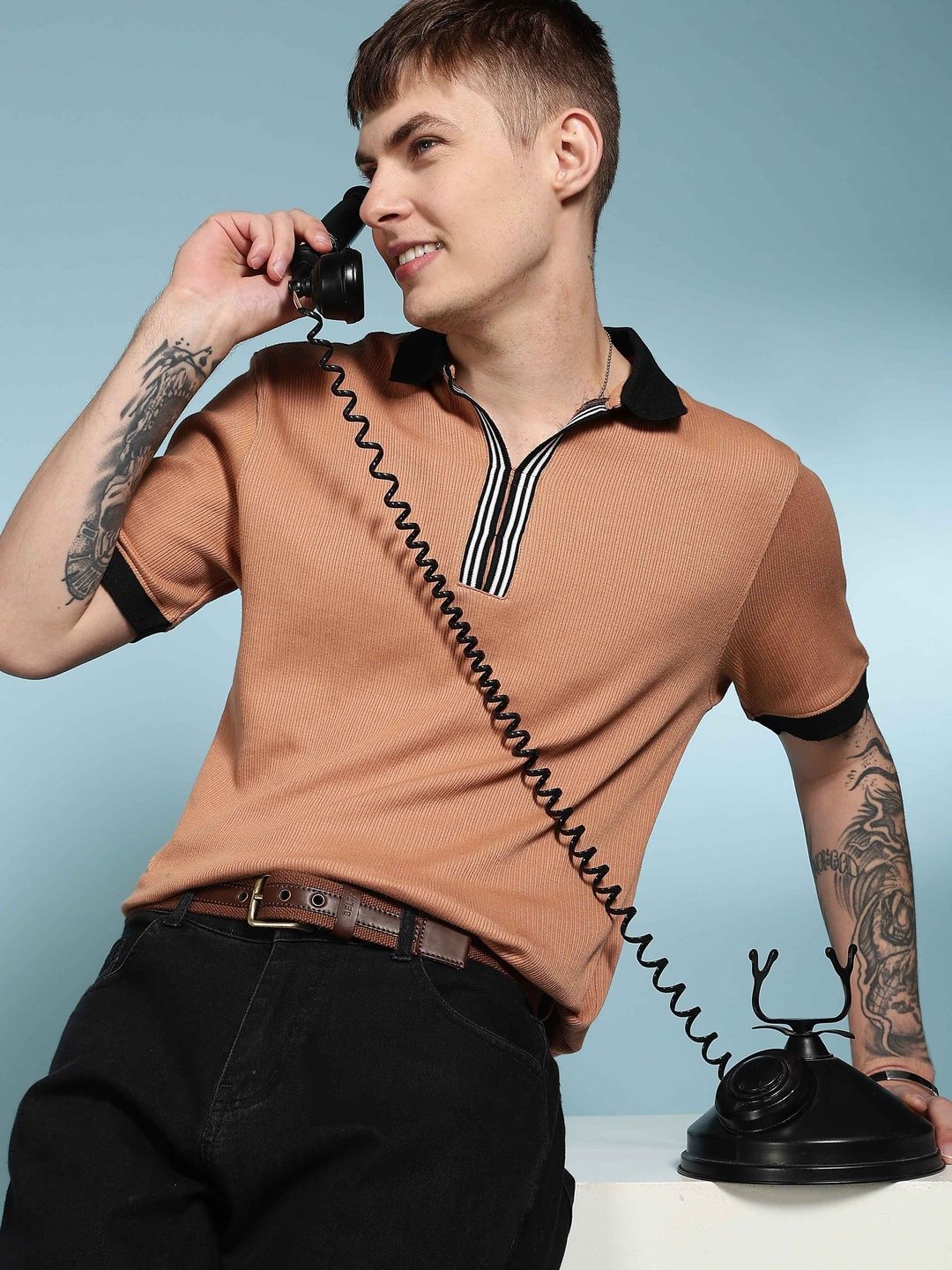 Eszett Korean Textured Fabric Self Design Cotton Polo Collar Short Sleeves T-shirt