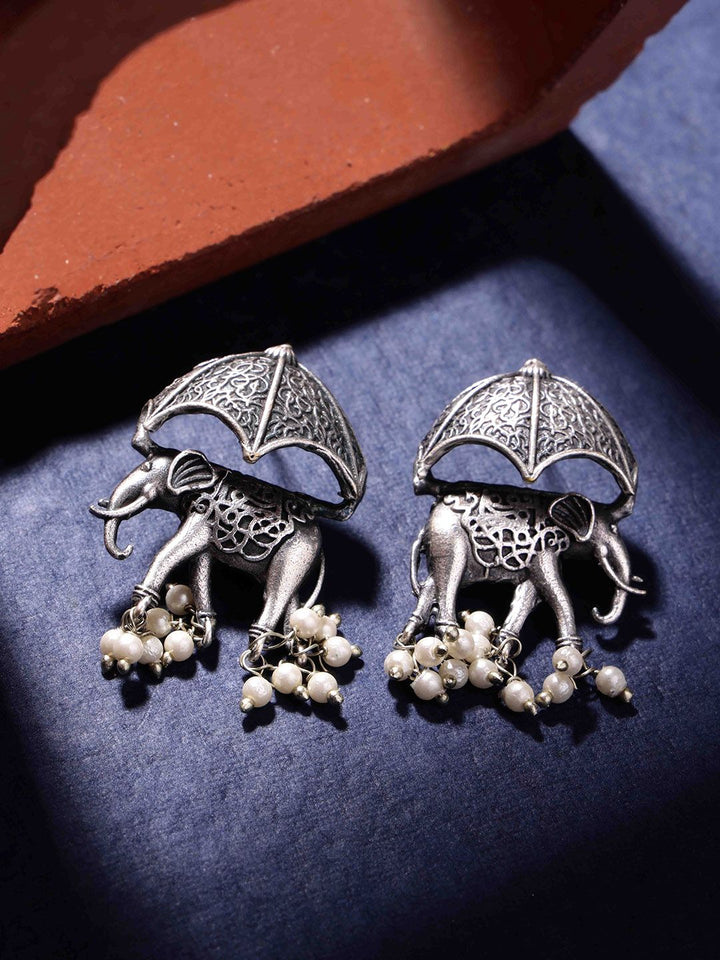 PANASH Silver Plated Elephant Shaped Oxidized Elephant Shaped Drop Earrings