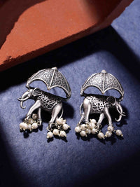 PANASH Silver Plated Elephant Shaped Oxidized Elephant Shaped Drop Earrings