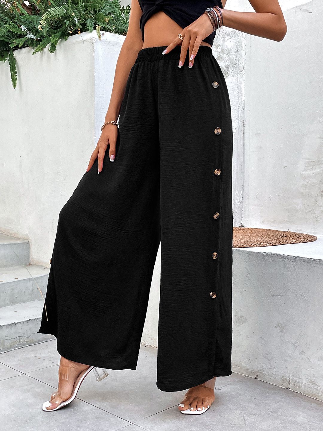 DressBerry Women Side Slits Buttoned Detail Flared Trousers