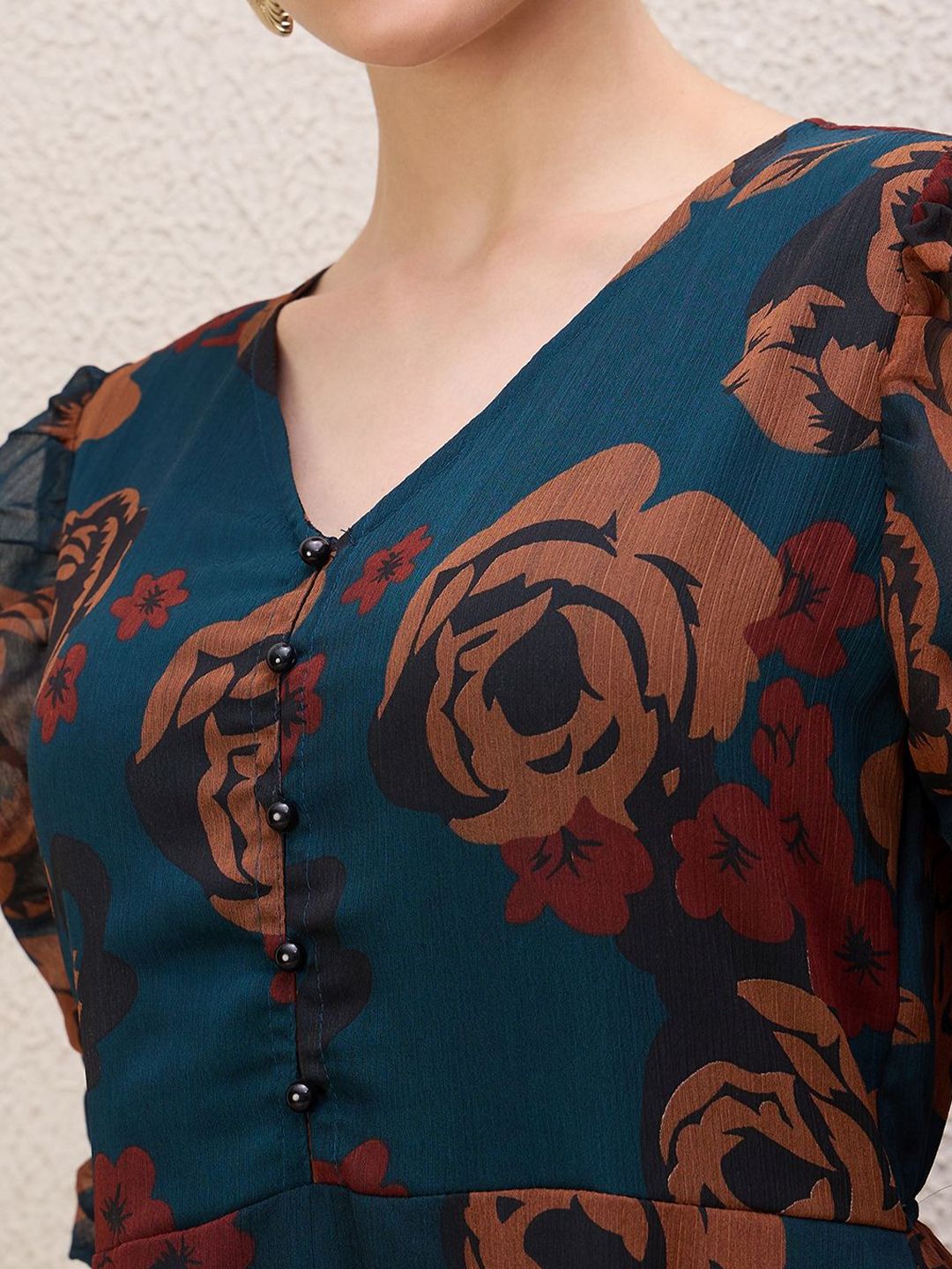 Antheaa Women Ethnic Motifs Print Puff Sleeve Gathered or Pleated A-Line Knee Length Dress