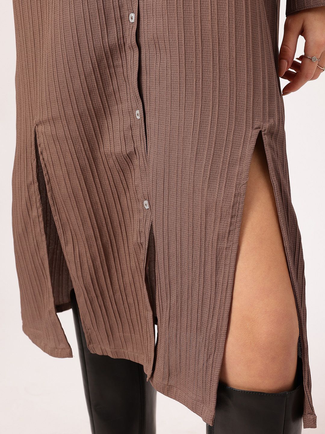DressBerry Chic Slit Textured Midi Shirt Dress