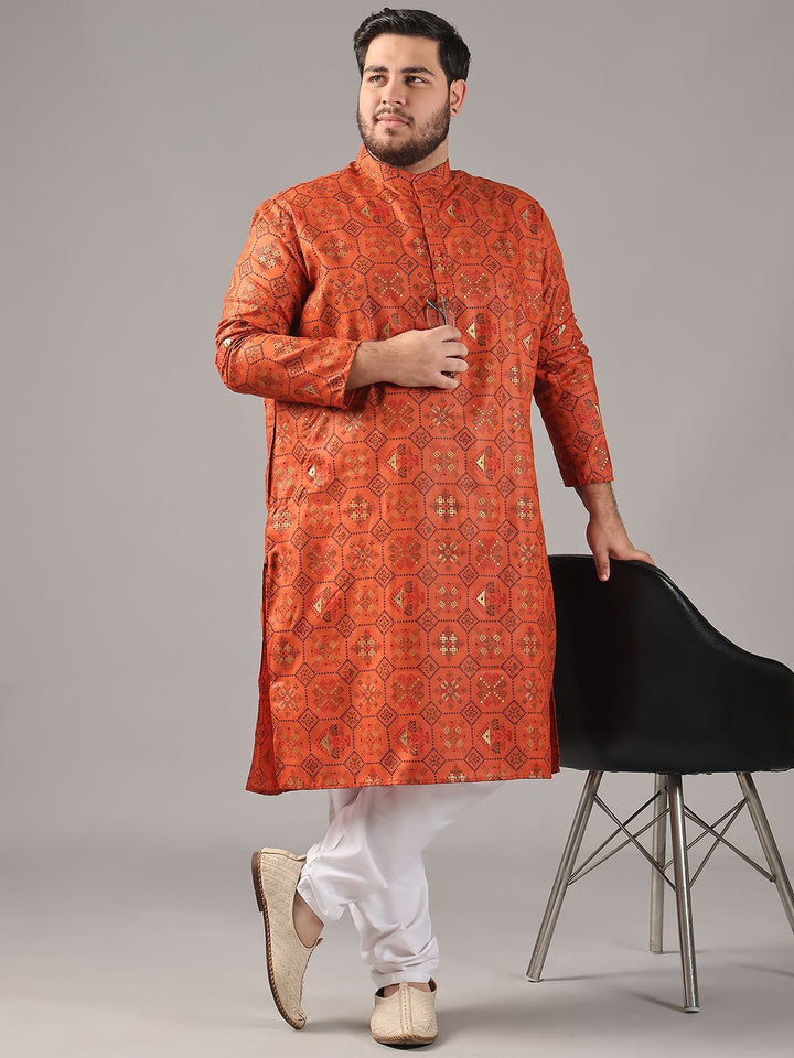 SOJANYA PLUS Size Ethnic Motifs Foil Printed Band Collar Cotton Linen Straight Kurta