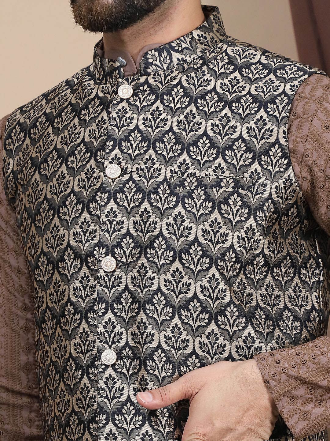 Anouk Embroidered Sequinned Pure Cotton Straight Kurta With Churidar & Nehru Jacket