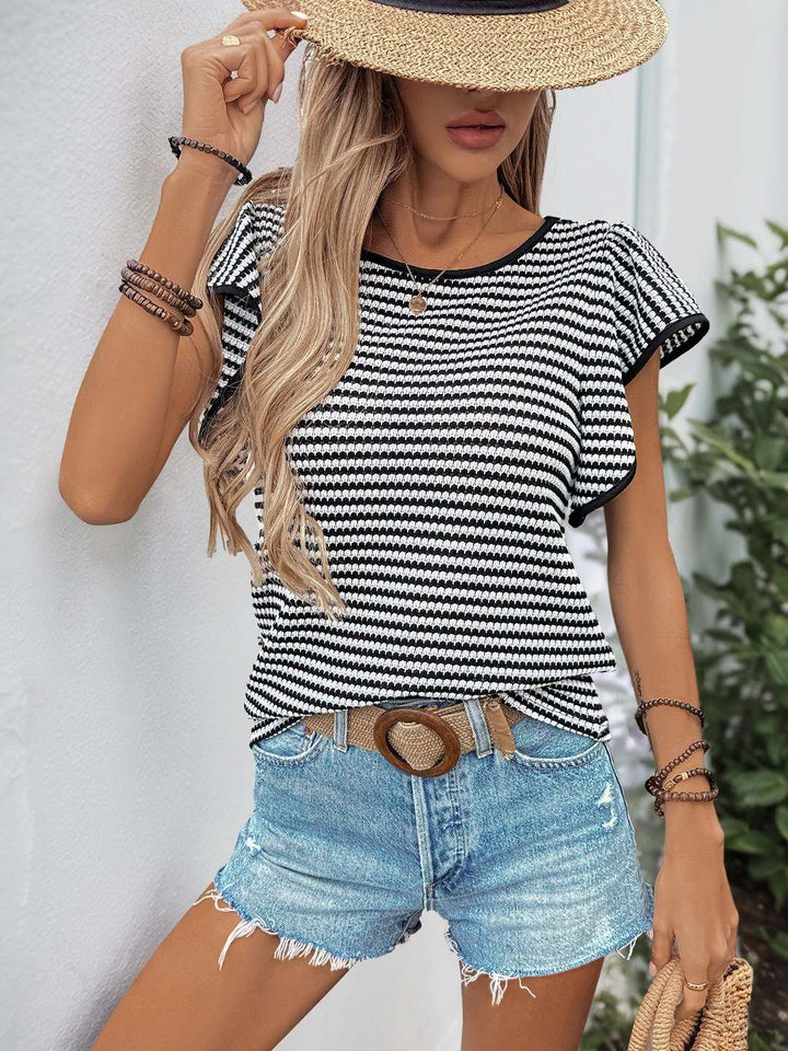 all about you Women Striped Puff Sleeves Casual T-shirt