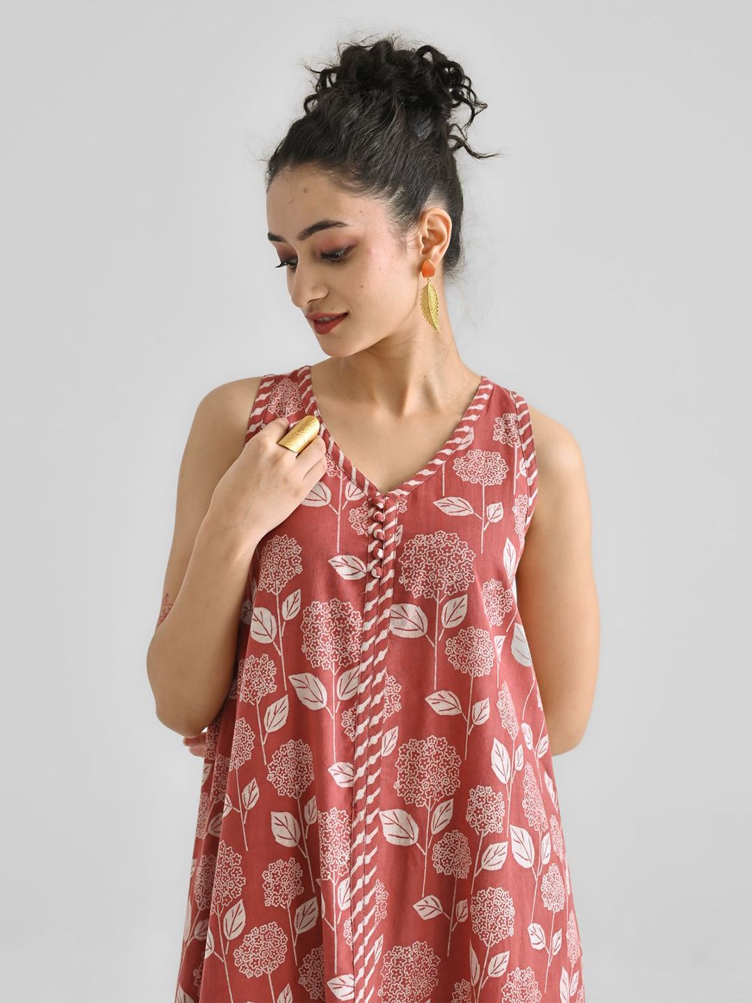 Rustorange Floral Printed Cotton A-Line Maxi Dress