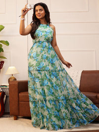 QUIERO Print Halter Neck Chiffon Fit & Flare Women Maxi Dress