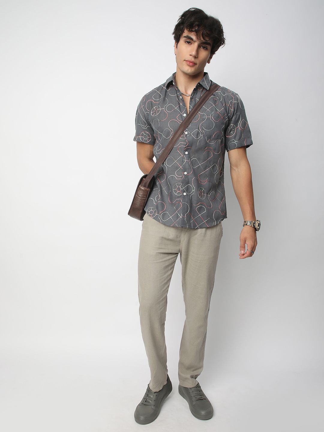VASTRADO Men Classic Spread Collar Geometric Self Design Cotton Slim Fit Casual Shirt