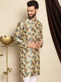 Anouk Floral Printed Mandarin Collar Silk Kurta