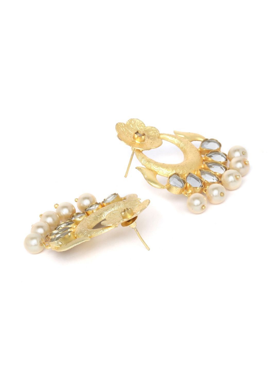 Anouk White Gold Plated Kundan Stone Studded & Beaded Crescent Shaped Chandbalis