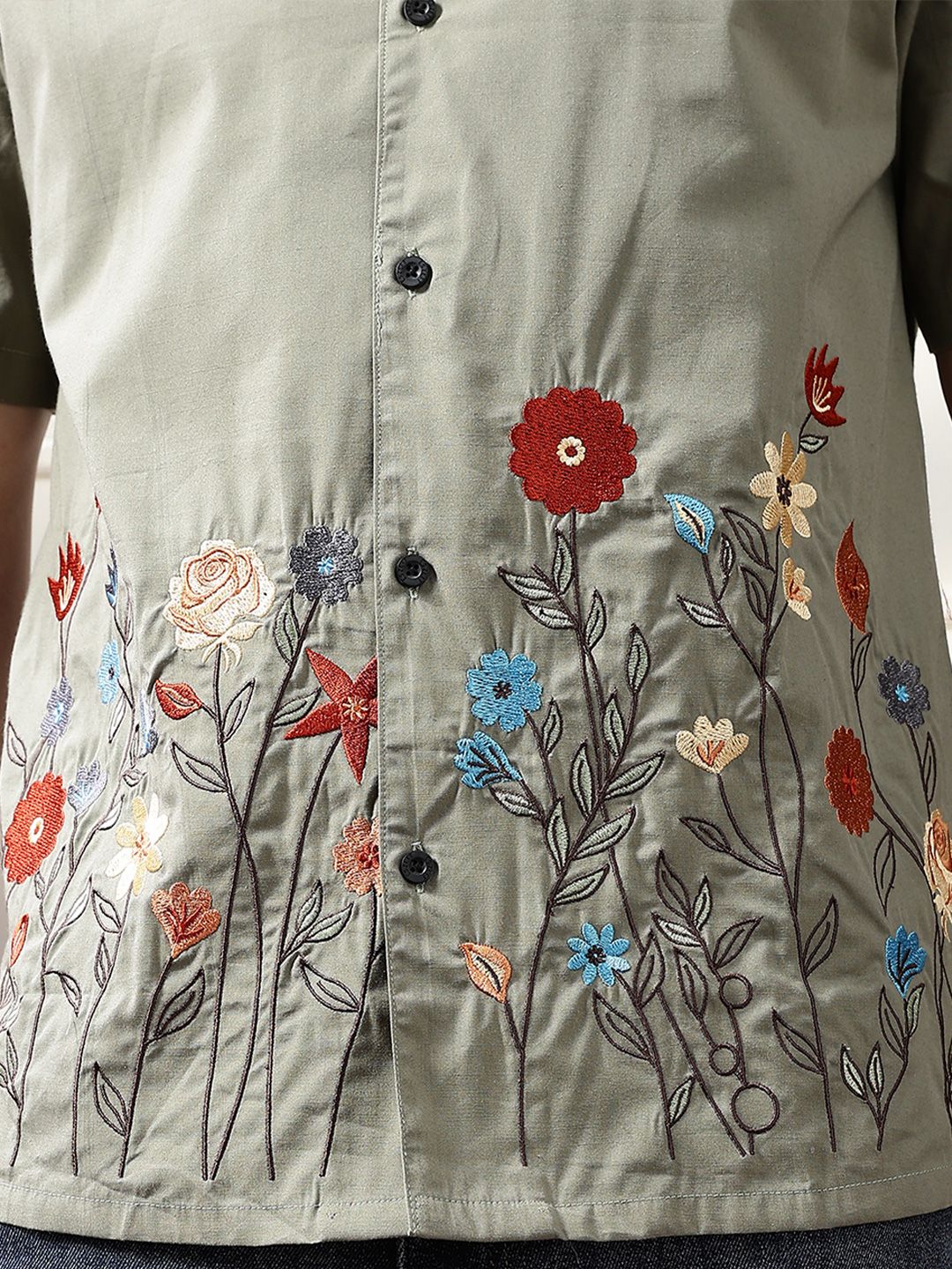 Eszett Floral Printed Spread Collar Embroidered Casual Shirt