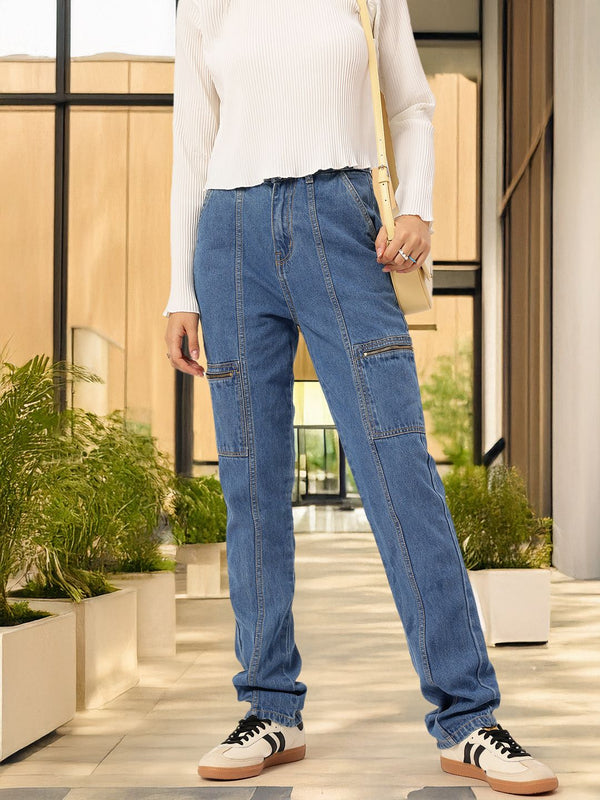 DressBerry Women Classic Panelled Straight Fit Cargo Style Jeans