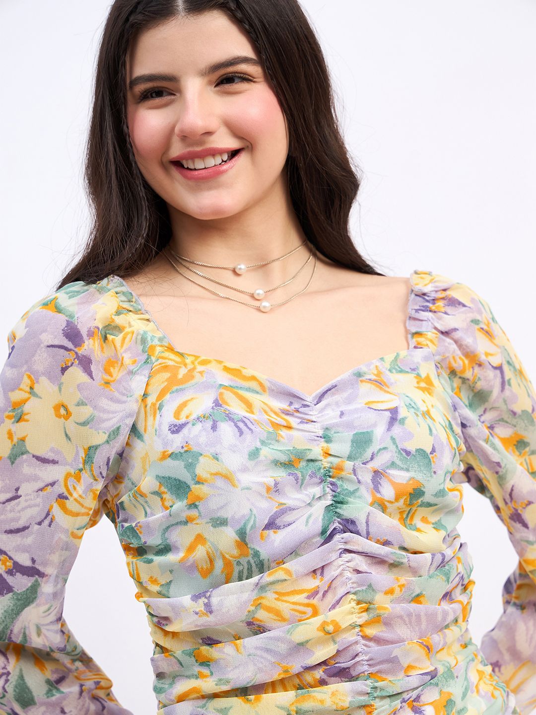 Berrylush Floral Print Sweetheart Neck Puff Sleeve Georgette Top