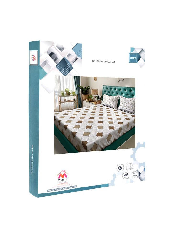 Myntra Elegant Homes White Geometric 400TC Fitted Cotton King Bedsheet Set 2.50 m x 2.25 m