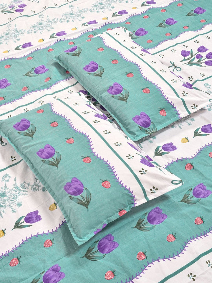 Myntra Elegant Homes Green Floral Polycotton 300 TC King Fine Bedsheet dengan 2 Sarung Bantal-98 x 89 inci