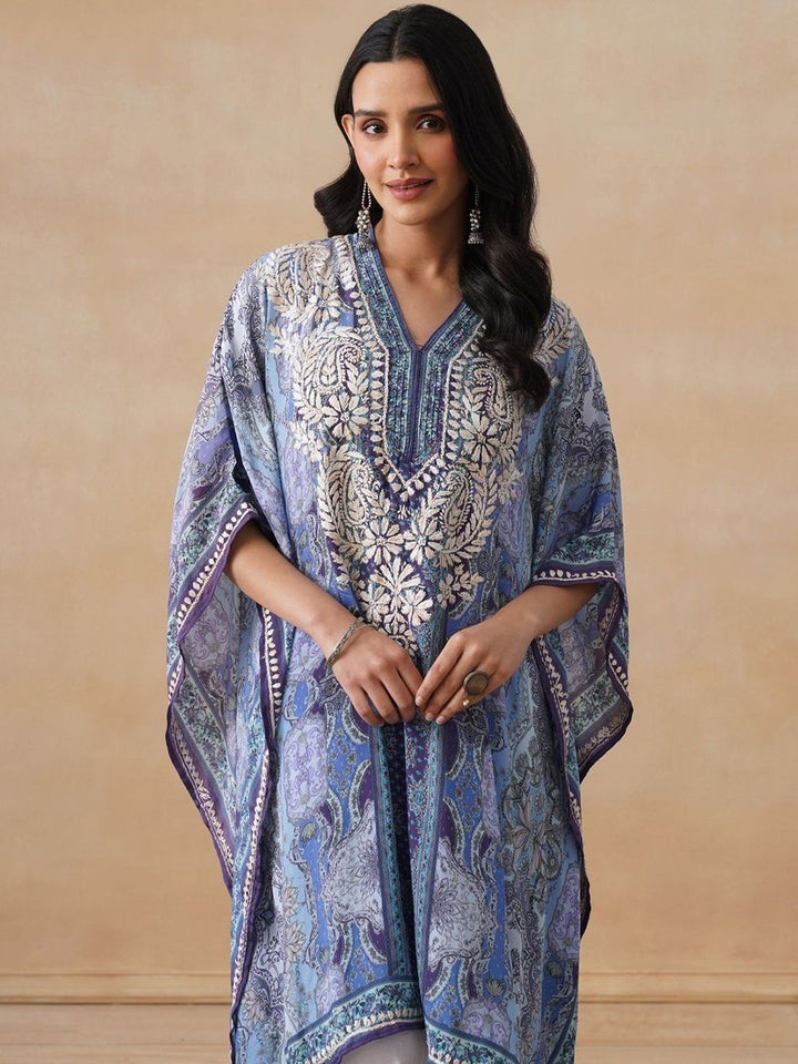 House of Chikankari Women Green Printed Crepe Kaftan Kurta