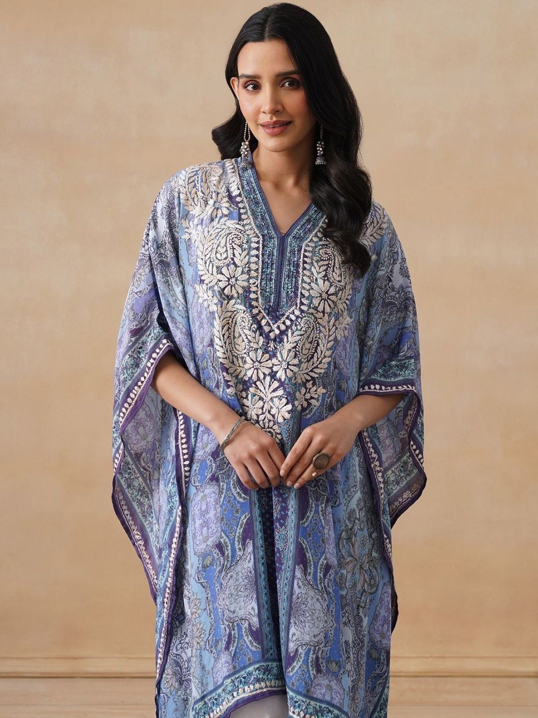 House of Chikankari Women Green Printed Crepe Kaftan Kurta