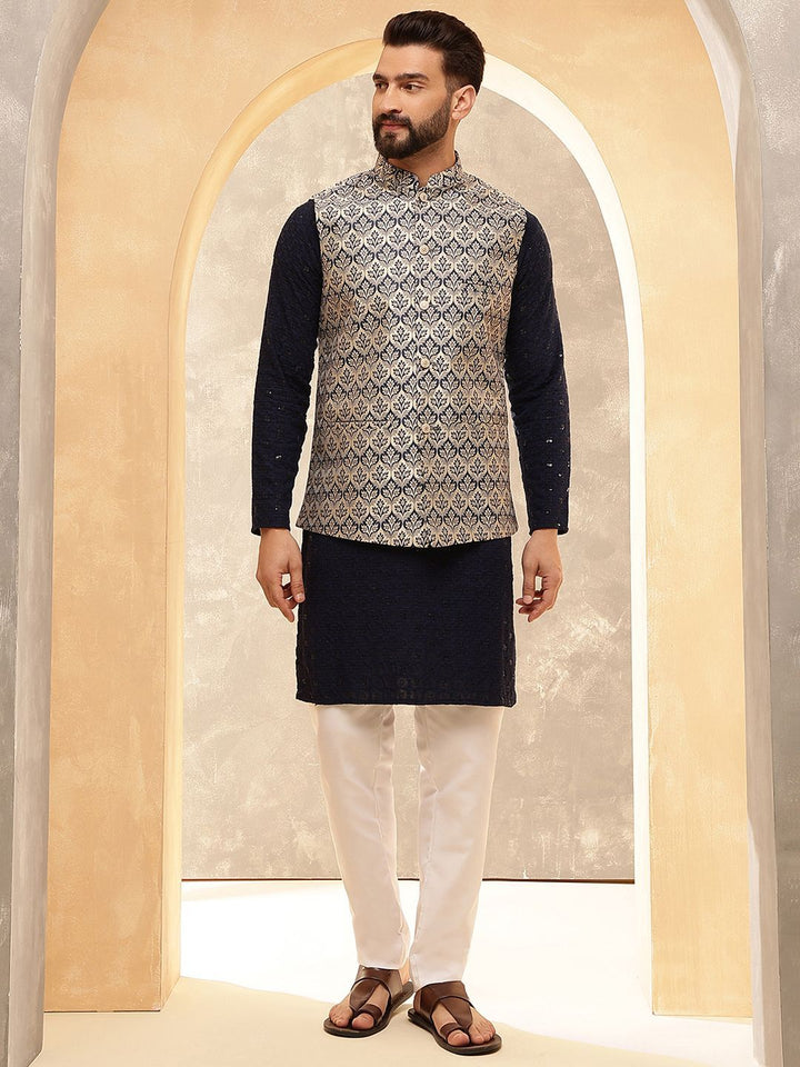 Anouk Navy Blue Embroidered Pure Cotton Straight Kurta With Pyjamas And Nehru Jacket