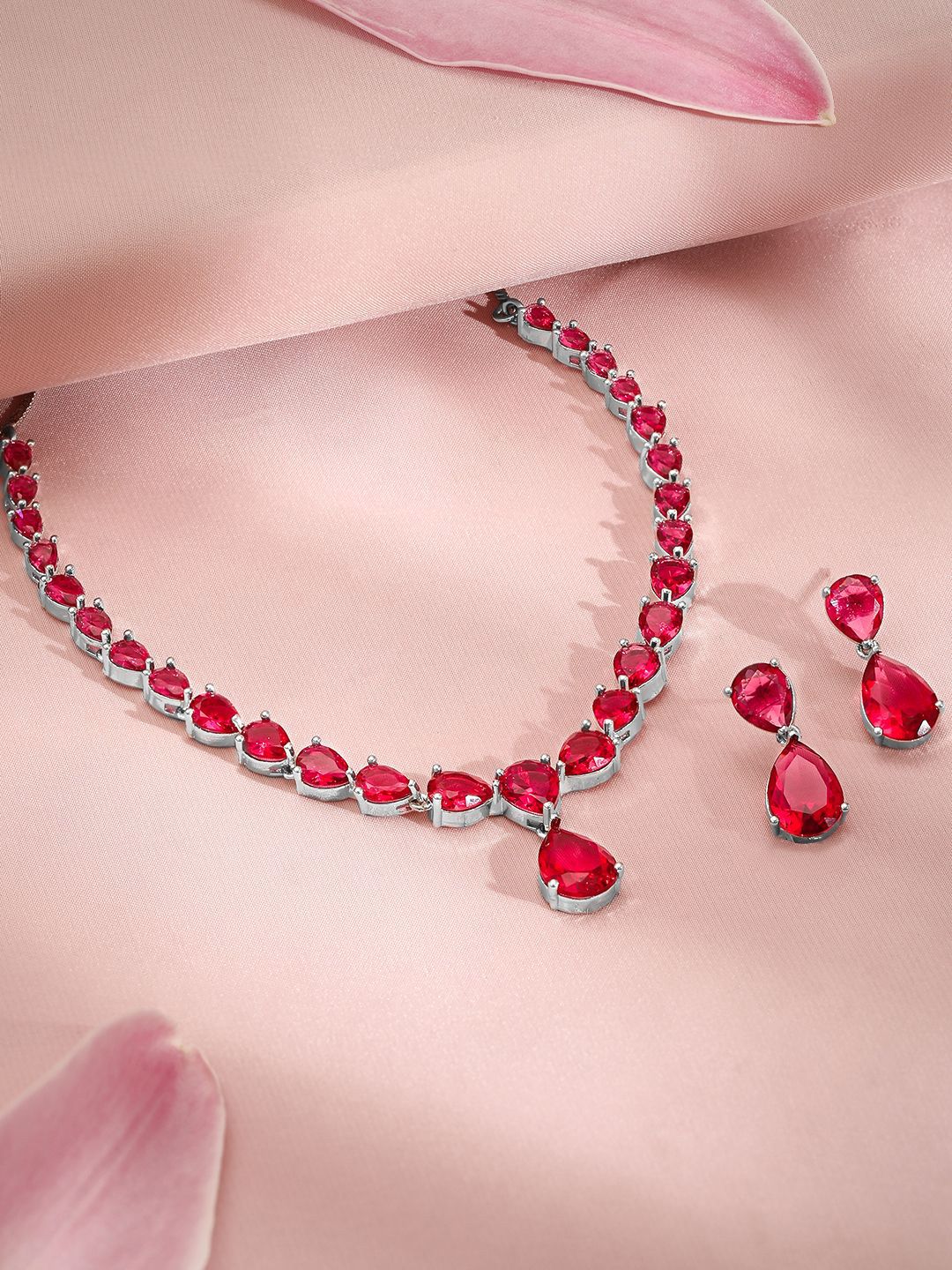 Rubans Premium Rhodium Plated Ruby Red Studded Statement Jewellery Set