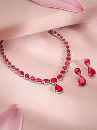 Rubans premium rhodium bersalut set barang kemas pernyataan ruby ​​merah