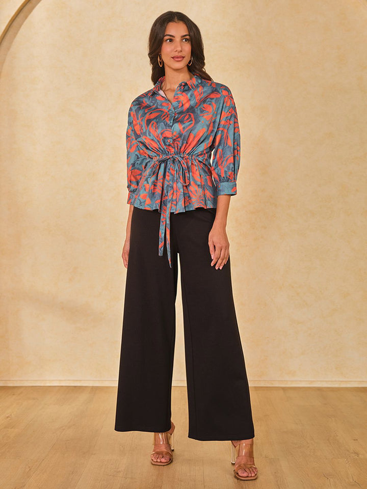 AND Women Abstract Printed Shirt Collar Cotton Top