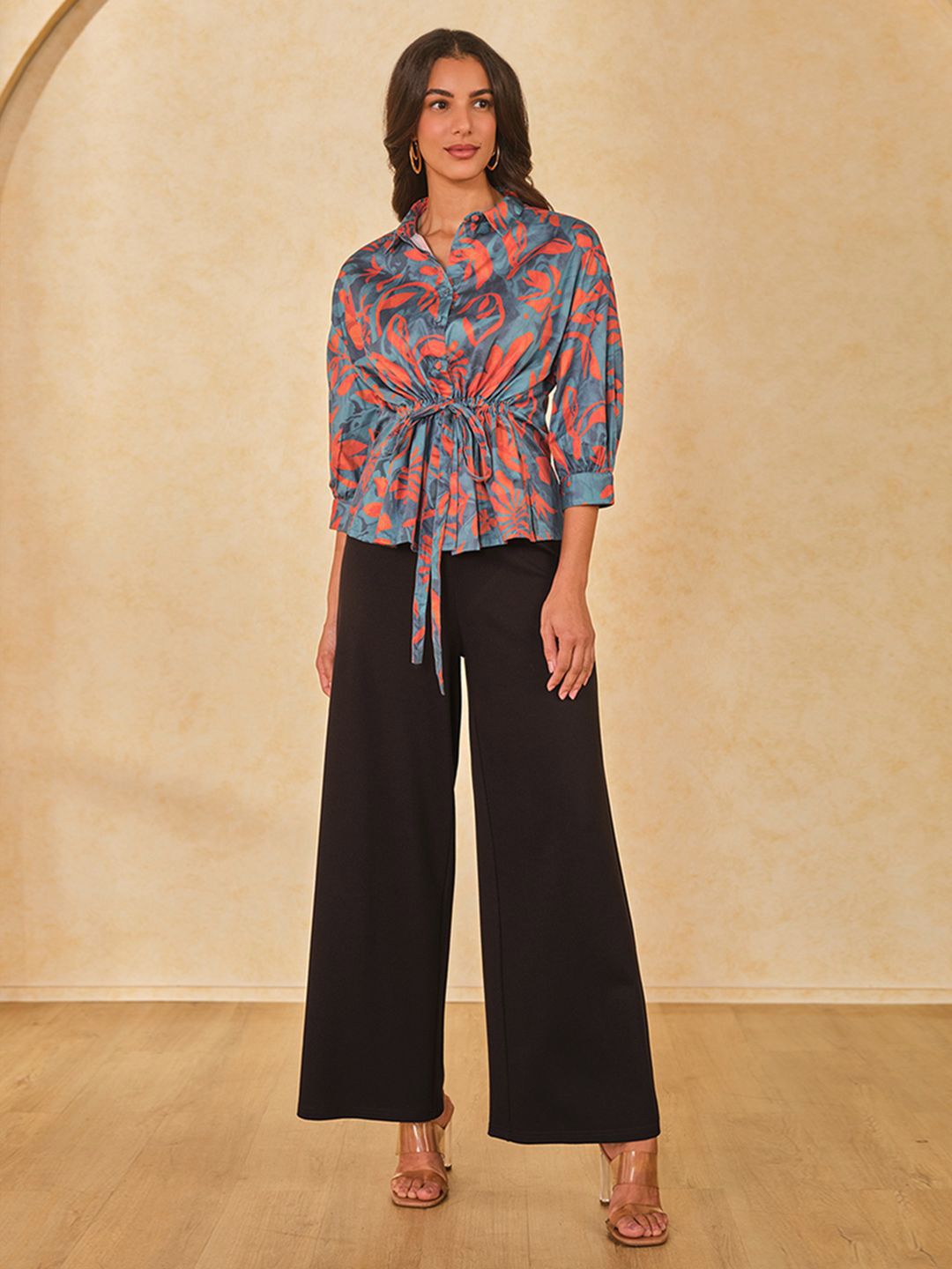 AND Women Abstract Printed Shirt Collar Cotton Top