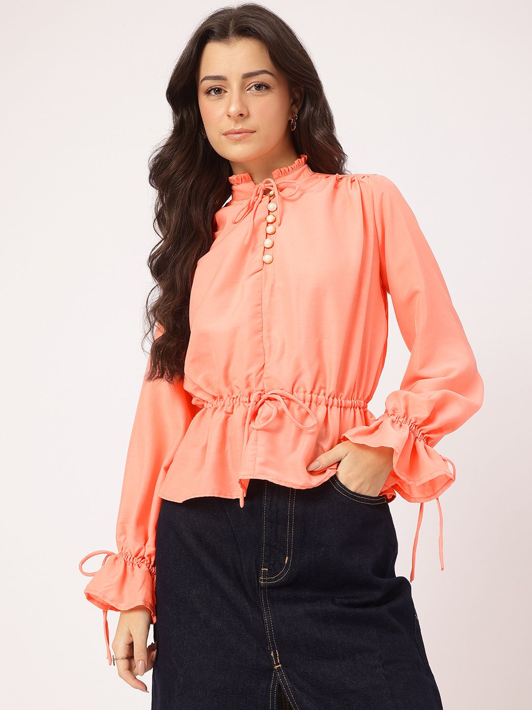 DressBerry Flirty Tie-Ups Frill Collar Puff Sleeves Top