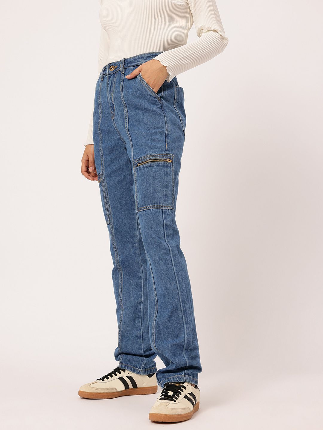 DressBerry Women Classic Panelled Straight Fit Cargo Style Jeans
