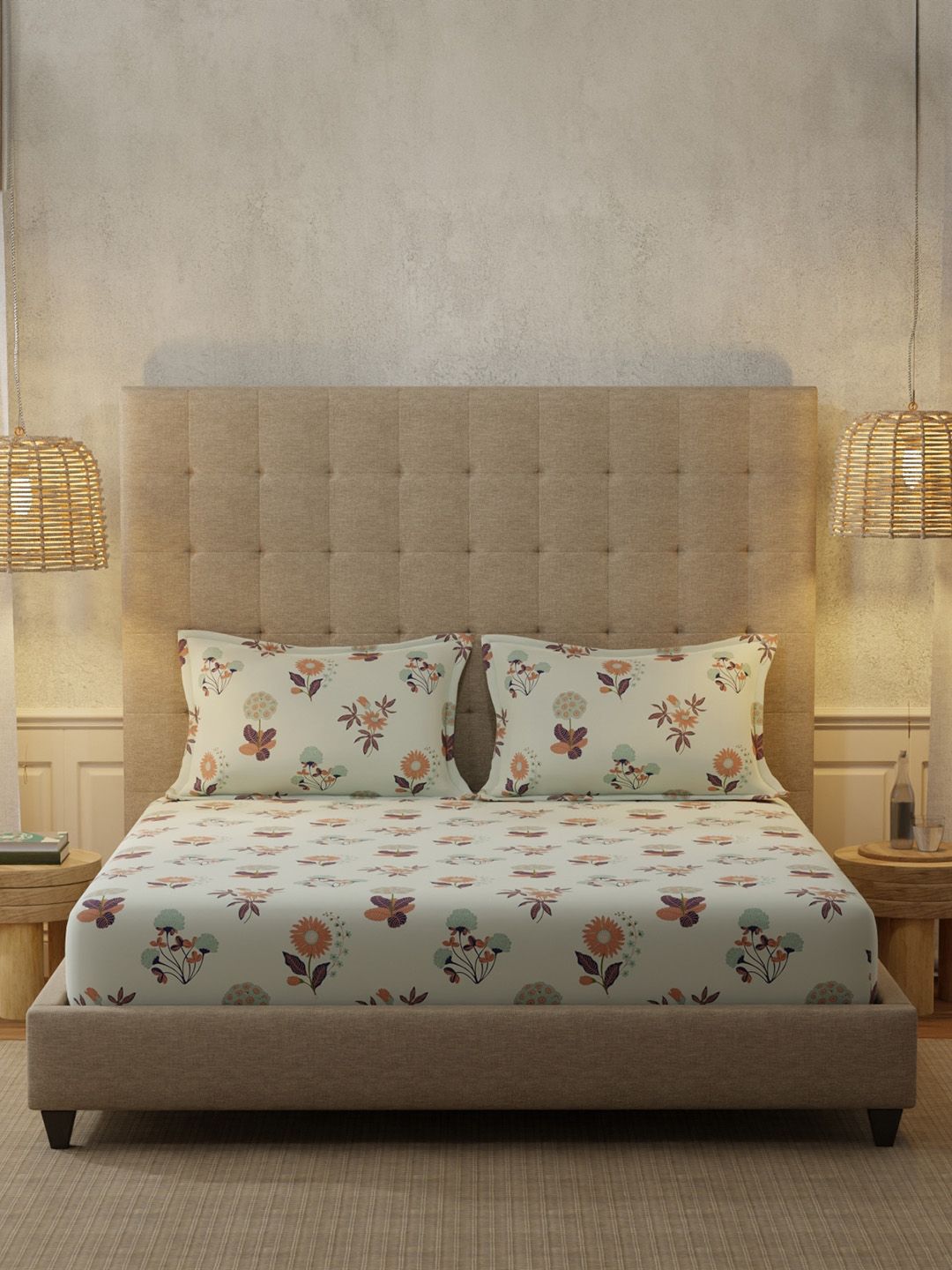 URBAN SPACE Grey Floral 200 TC Cotton King Bedsheet Set 2.74m x 2.74m