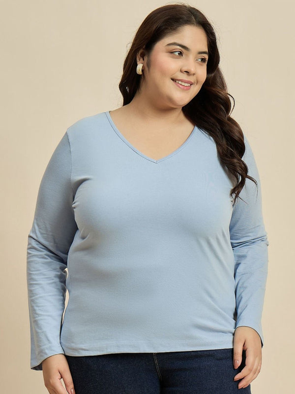 Curvy Street Solid V-Neck Pure Cotton Plus T-Shirt