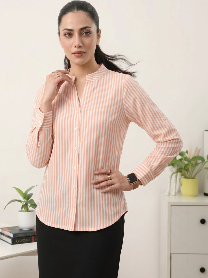 Atasan Gaya Baju Lengan Roll-Up Berjalur Mamicha