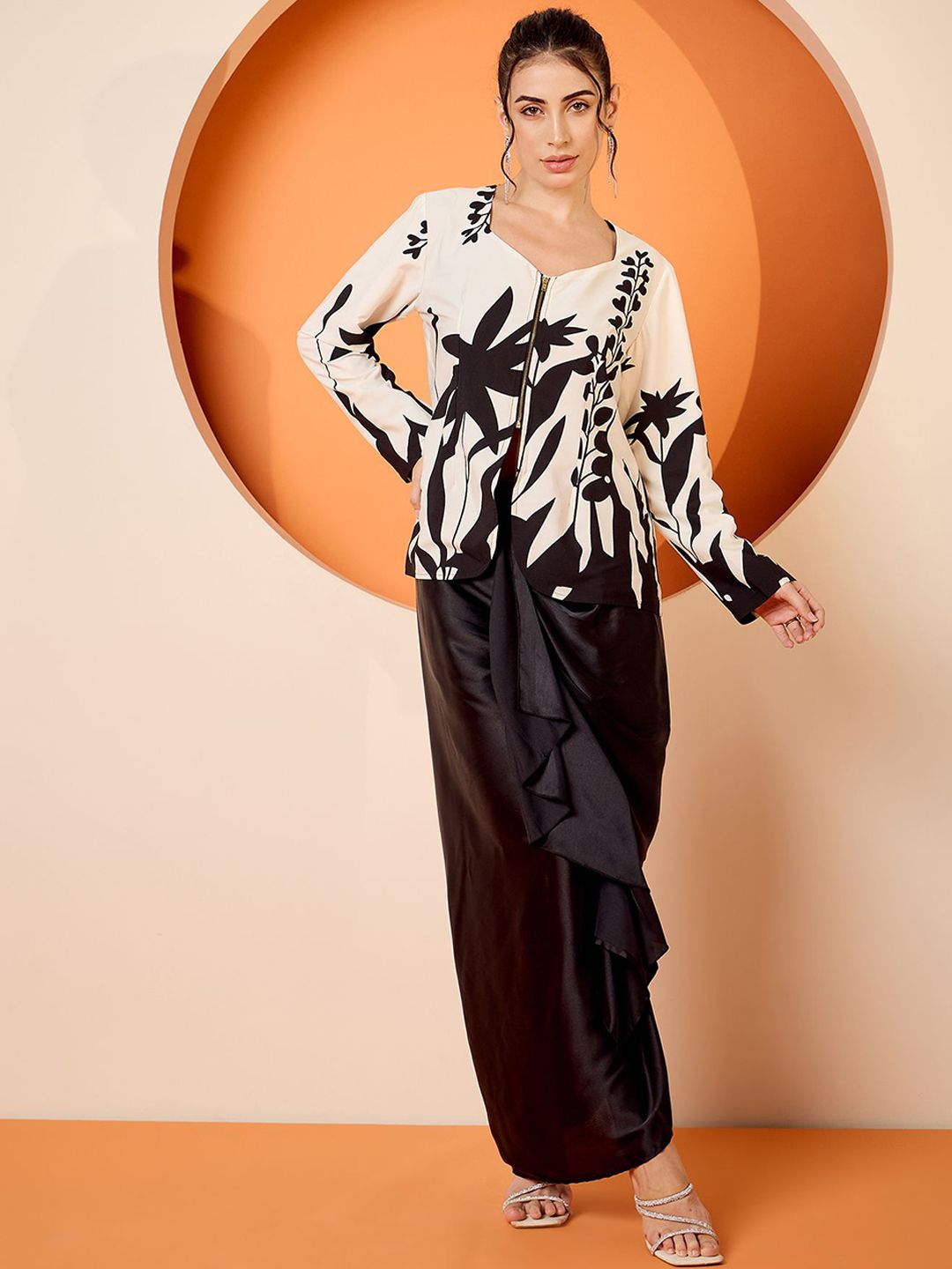 Antheaa Black Floral Square Neck Printed Top & Skirt